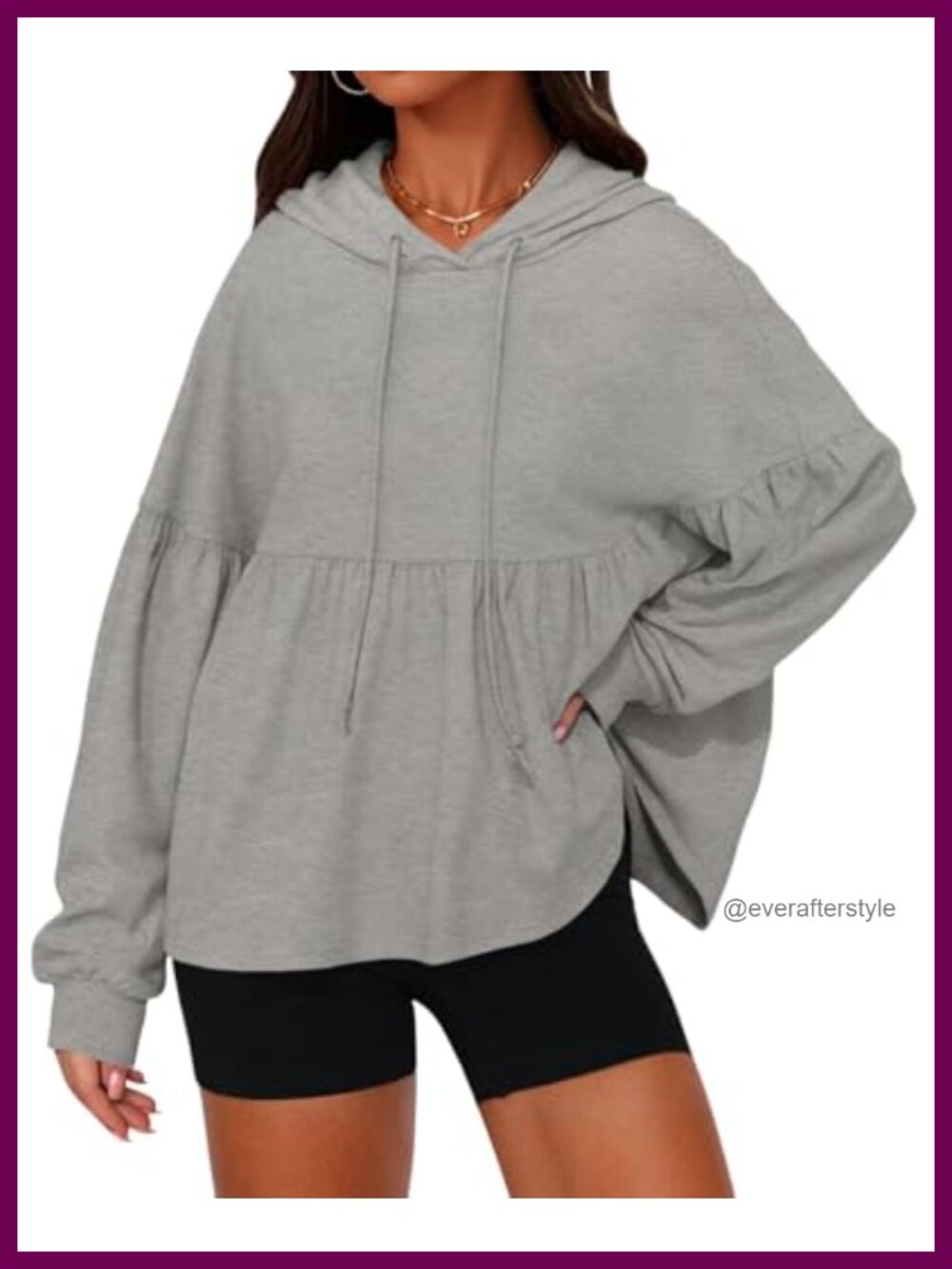Women's Oversized Hoodie Lantern Sleeve Drawstring Peplum Hem Pullover Top